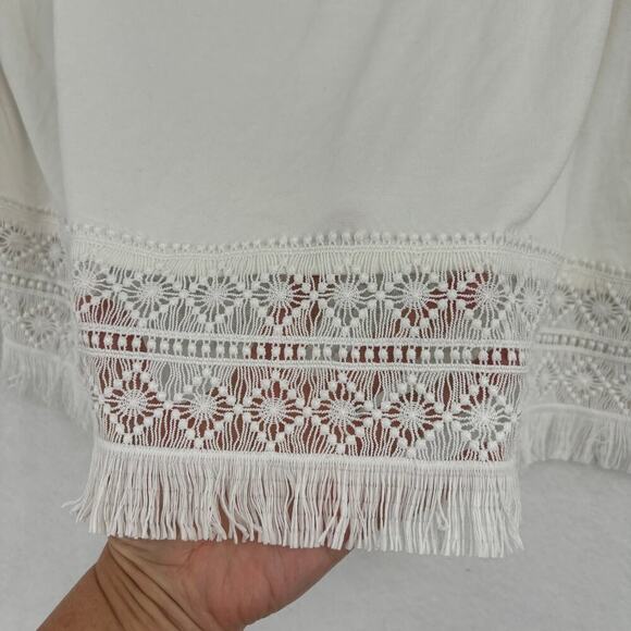 Chico's Stretch Knit Blouse Top Boat Neck Crochet Fringe Lace Trim White Size L - Picture 6 of 11